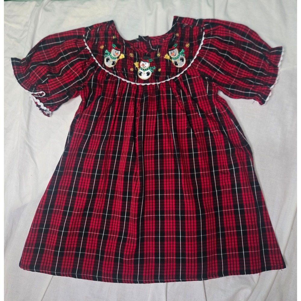 Toffee Apple Girls Red Black Plaid Smocked Snowman Christmas Dress 2T